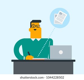 Caucasian student sitting at the table with a laptop and writing notes in notebook. Student using a laptop for education. Educational technology concept. Vector cartoon illustration. Square layout.