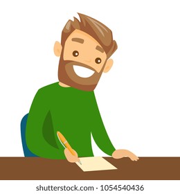 Estudiante caucásico sentado en la mesa con una laptop y escribiendo notas en un cuaderno. Estudiante usando una laptop para la educación. Concepto de tecnología educativa. Ilustración de dibujos animados. Diseño cuadrado.