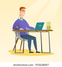 Estudiante caucásico sentado en la mesa con portátil. Estudiante usando laptop para la educación. Hombre de negocios trabajando en una laptop. Concepto de tecnología educativa. Ilustración de diseño plana vectorial. Diseño cuadrado