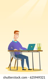 Caucasian student sitting at the table with laptop. Student using laptop for education. Business man working on laptop. Educational technology concept. Vector flat design illustration. Vertical layout