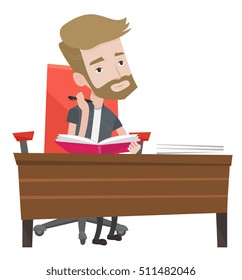 Caucasian student sitting at the table and thinking. Thinking student writing in exercise book. Thinking hipster student doing homework. Vector flat design illustration isolated on white background.