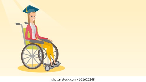 Caucasian student sitting in wheelchair. Cheerful graduate sitting in wheelchair. Happy disabled graduate in graduation cap sitting in wheelchair. Vector flat design illustration. Horizontal layout.