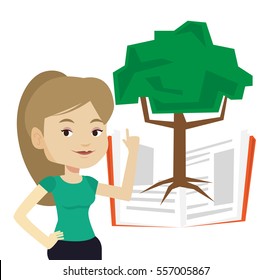Caucasian student standing on the background of tree growing from open book. Student pointing at tree of knowledge. Concept of education. Vector flat design illustration isolated on white background.