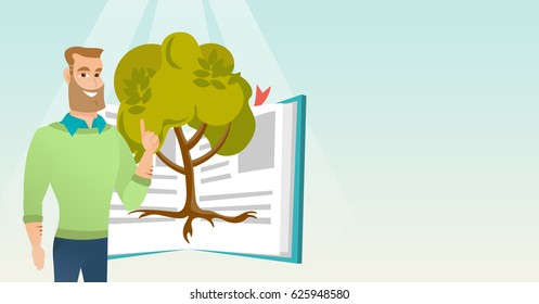 Kaukasischer Student steht auf dem Hintergrund eines Baumes, der aus offenem Buch wächst. Fröhliche Schüler, die auf einen Baum des Wissens zeigen. Konzept der Bildung. Vektorflache Design-Illustration. Horizontales Layout.