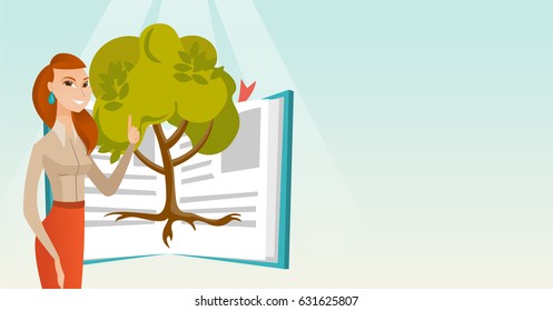 Caucasian student standing on the background of tree growing from open book. Cheerful student pointing at tree of knowledge. Concept of education. Vector flat design illustration. Horizontal layout.