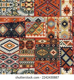 Caucasian style antique kilim carpet motifs patchwork vector seamless pattern wallpaper