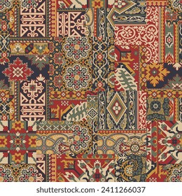 Caucasian style antique rug motifs patchwork wallpaper abstract vector seamless pattern for shirt fabric wrapping carpet rug tablecloth pillow