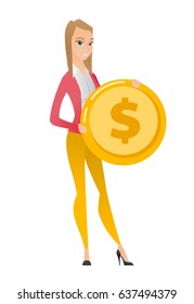Caucasian successful business woman with golden coin in hands. Successful business woman holding golden coin. Business success concept. Vector flat design illustration isolated on white background.