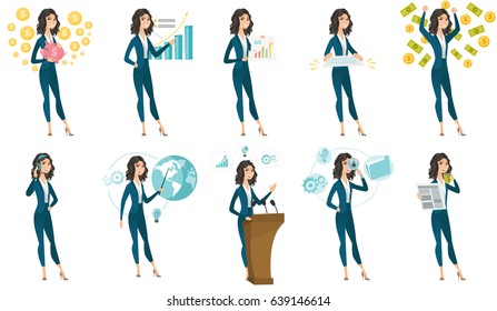 Caucasian successful business woman standing with raised hands under money rain. Excited businessman enjoying a rain of money. Set of vector flat design illustrations isolated on white background.