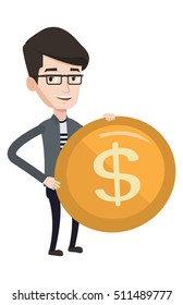 Caucasian successful businessman with dollar golden coin in hands. Successful businessman holding golden coin. Business success concept. Vector flat design illustration isolated on white background.