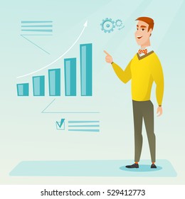Caucasian successful businessman pointing at chart going up. Cheerful smiling businessman satisfied by his business success. Business success concept. Vector flat design illustration. Square layout.