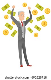 Caucasian successful businessman standing with raised hands under money rain. Senior excited businessman enjoying a rain of money. Vector flat design cartoon illustration isolated on white background.