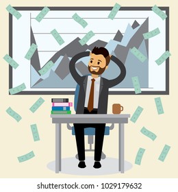 Caucasian successful businessman,flat male is sitting at the table and rejoicing,growing charts,flat vector illustration