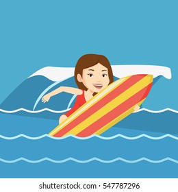 Caucasian surfer having fun during execution of a move on a blue ocean wave. Young surfer in action on a surf board. Lifestyle and water sport concept. Vector flat design illustration. Square layout.