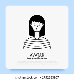 Caucasian surprised young woman, teenager or girl avatar with long hair. Doodle style. Vector illistration.