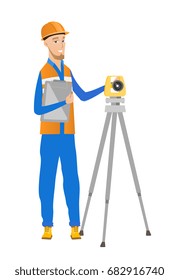 Caucasian surveyor builder holding clippboard and working with theodolite. Young surveyor standing near theodolite transit equipment. Vector flat design illustration isolated on white background.