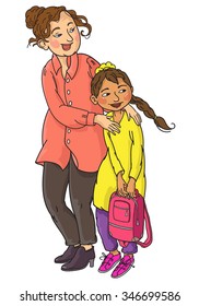 Caucasian teacher and Indian girl. Isolated objects. Great illustration for a school books and more. VECTOR. Editorial. Education. Advertising. Board.