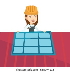 Caucasian technician installing solar panels on roof. Technician in uniform checking solar panel on roof. Technician adjusting solar panel. Vector flat design illustration isolated on white background