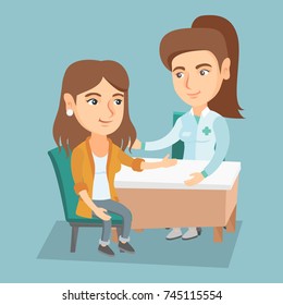 Caucasian therapist doctor consulting a patient in the office. Therapist doctor talking to a young female patient about her state of health. Vector cartoon illustration. Square layout.