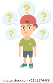 Caucasian thinking boy with question marks. Thoughtful little boy in a cap standing under question marks above his head. Vector sketch cartoon illustration isolated on white background.