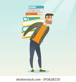 Caucasian tired student carrying a heavy pile of books on his back. Sad student walking with huge stack of books. Student preparing for exam with books. Vector flat design illustration. Square layout.