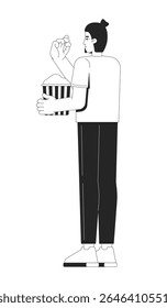 Caucasian topknot man standing and eating popcorn 2D line character. Upright pose european male enjoying snack from striped bucket isolated vector ink outline person. Monochromatic spot illustration