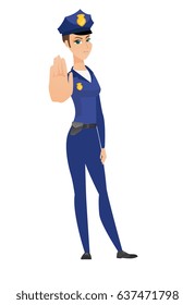 Caucasian Traffic Police Woman Showing Stop Hand Gesture. Traffic Police Woman Doing Stop Gesture. Traffic Police Woman With Stop Gesture. Vector Flat Design Illustration Isolated On White Background.