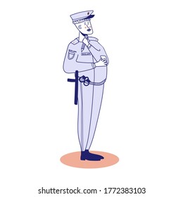 Caucasian traffic policeman in blue uniform writing a fine bill. Young traffic policeman writing a penalty. Concept of traffic security. Vector illustration, blue line, in cute cartoon style