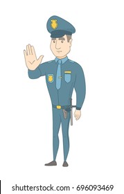 Caucasian Traffic Policeman Showing Stop Hand Gesture.Young Traffic Policeman Doing Stop Gesture. Traffic Policeman With Stop Gesture. Vector Sketch Cartoon Illustration Isolated On White Background.