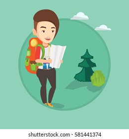 Caucasian traveler exploring the map. Young traveler with backpack looking at map. Traveler searching right direction on a map. Vector flat design illustration in the circle isolated on background.