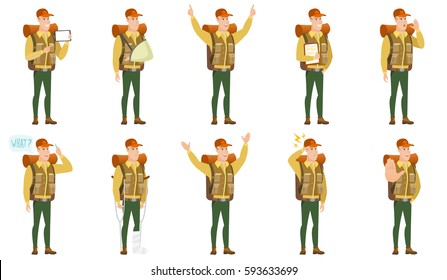 Caucasian traveler with lightning over head. Full length of traveler with lightning. Confident traveler standing under lightning. Set of vector flat design illustrations isolated on white background.