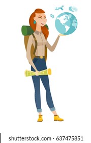 Caucasian traveler woman carrying map and globe. Young traveler planning holiday and holding a globe. Woman travelling all over the world. Vector flat design illustration isolated on white background.