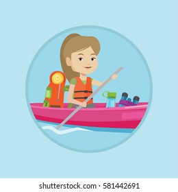 Caucasian traveling woman riding in a kayak on the river with skull in hands. Happy woman traveling by kayak during summer trip. Vector flat design illustration in the circle isolated on background.