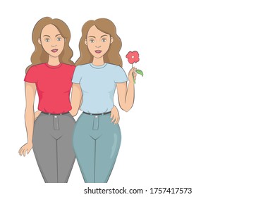 Caucasian twin sisters. Cartoon style. Vector illustration.