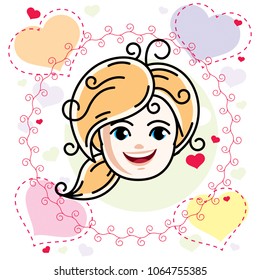 Caucasian type girl face expressing positive emotions, vector human head illustration. Beautiful blonde child with stylish haircut.