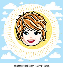 Caucasian type girl face expressing positive emotions, vector human head illustration. Beautiful redhead happy child with stylish haircut.