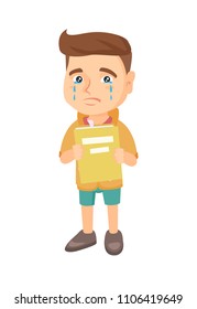 Caucasian upset little boy shedding tears and showing book. Sad boy crying and holding book in hands. Vector sketch cartoon illustration isolated on white background.