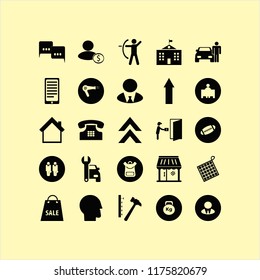 caucasian vector icons set. with businessmen, up arrow, shopping bag and hammer nails in set