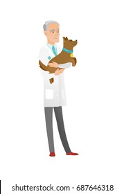 Caucasian veterinarian doctor holding a dog. Senior veterinarian doctor carrying a dog. Veterinarian examining a dog. Pet care concept. Vector flat design illustration isolated on white background.