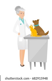 Caucasian veterinarian examining pets in hospital. Senior veterinarian doctor with pets at vet clinic. Concept of medicine and pet care. Vector flat design illustration isolated on white background.