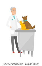 Caucasian veterinarian examining pets in hospital. Senior veterinarian doctor with pets at vet clinic. Concept of medicine and pet care. Vector flat design illustration isolated on white background.