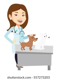 Caucasian veterinarian with stethoscope examining dogs in hospital. Veterinarian with dogs at vet clinic. Concept of medicine and pet care. Vector flat design illustration isolated on white background