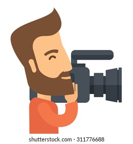A caucasian videographer with his video camcorder. A Contemporary style. Vector flat design illustration isolated white background. Square layout.