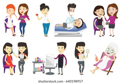 Caucasian visagiste applying makeup on woman face. Visagiste doing makeup to young stylish girl. Visagiste doing makeup to a model. Set of vector flat design illustrations isolated on white background