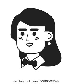 La camarera caucásica corona con lazo en blanco y negro vectorial avatar 2D. Jóvenes anfitriones adultos restaurante esbozan caricatura de personaje aislado. Imagen de perfil de usuario plano femenino de servidor, retrato