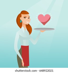 Caucasian waitress carrying a tray with a heart. Young waitress holding a restaurant tray with a heart. Concept of social network and communication. Vector flat design illustration. Square layout.