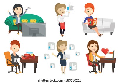 Caucasian waitress carrying tray with social network like button. Young waitress holding restaurant tray with like button. Set of vector flat design illustrations isolated on white background.