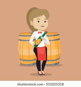 Caucasian waitress holding a bottle of wine. Waitress with bottle in hands standing on the background of wine barrels. Waitress presenting a wine bottle. Vector flat design illustration. Square layout