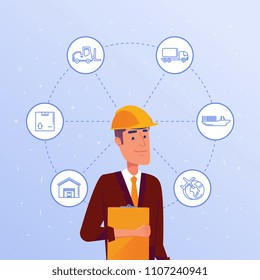 Caucasian warehouse manager choosing logisitics options. Boxing, storaging, sending as concept of modern warehousing and logistics services. Vector illustration on blue background.