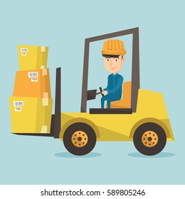 Caucasian warehouse worker loading cardboard boxes. Forklift driver at work in storehouse. Warehouse worker in hard hat driving forklift at warehouse. Vector flat design illustration. Square layout.